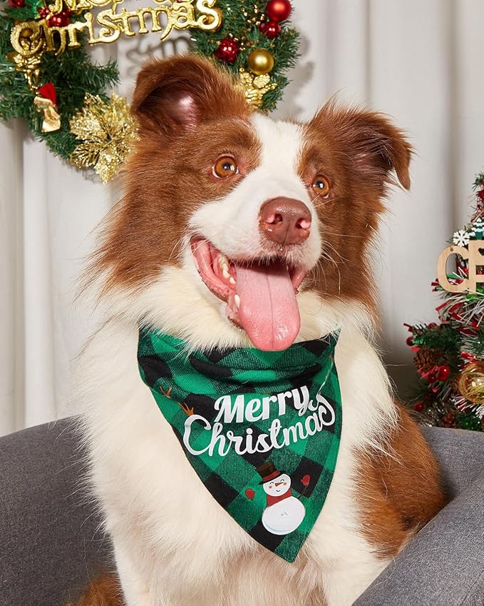 Christmas Dog Bandanas Classic Plaid Triangle Holiday Scarf with Santa and Snowman Print,Winter Pet Outfit for Boy and Girl Dogs,Red Green Plaid Dog Costume for Medium to Large Dogs