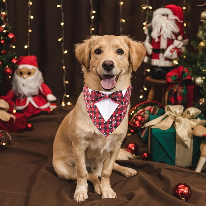 ADOGGYGO Christmas Dog Tuxedo Bandana, Red Plaid Pet Chritstmas Tux with Bowtie Adjustable Christmas Formal Costume for Medium Large Dogs Pets (L)