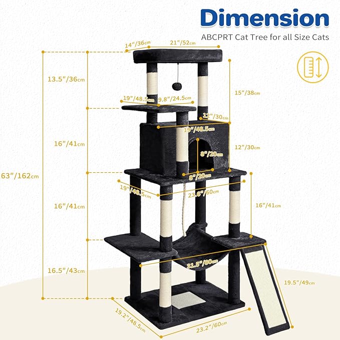 Cat Tree Tower 63in Multi-Level Cat Tower for Indoor Cats with Sisal Scratching Posts, Condo, Hammock, Dangling Ball and Extended Platform for Cats to Play, Black