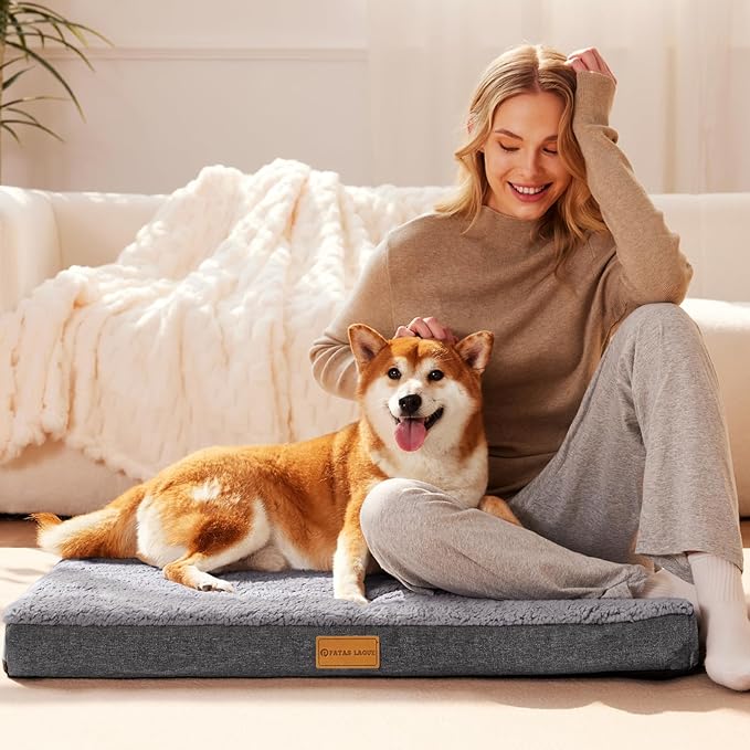 Patas Lague Orthopedic Jumbo Dog Bed for Large Sized Dog 56''X40'', Soft Waterproof Egg Crate Foam Large Pet Crate Beds Mat with Removable Washable Cover and Non-Slip Bottom, Light Grey