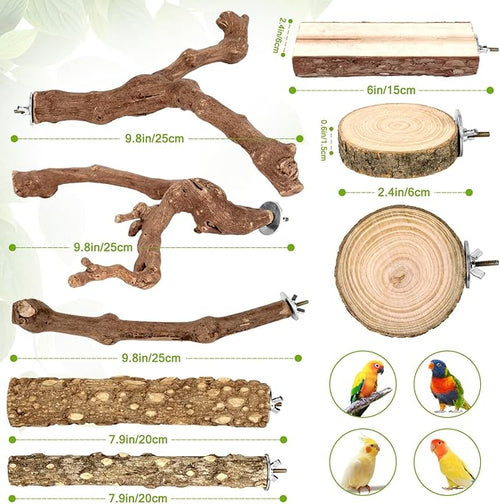 8PCS Natural Grape Wood Bird Perch Set - Parrot Cage Stand with Paw Grinding Forks, Chewing Sticks & Exercise Branches for Parakeets, Cockatiels, Conures, Budgies, Finches