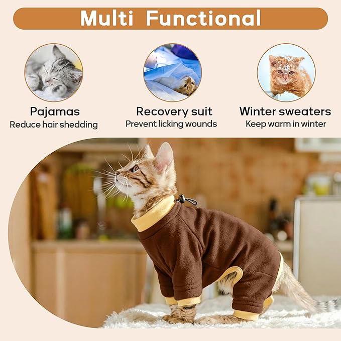 PUMYPOREITY Cat Recovery Suit, Stops Wound Licking After Surgery, Sticky Hair Shirt with Sticky Fabric, Cat Pajamas Prevents Over-Grooming, Brown, S