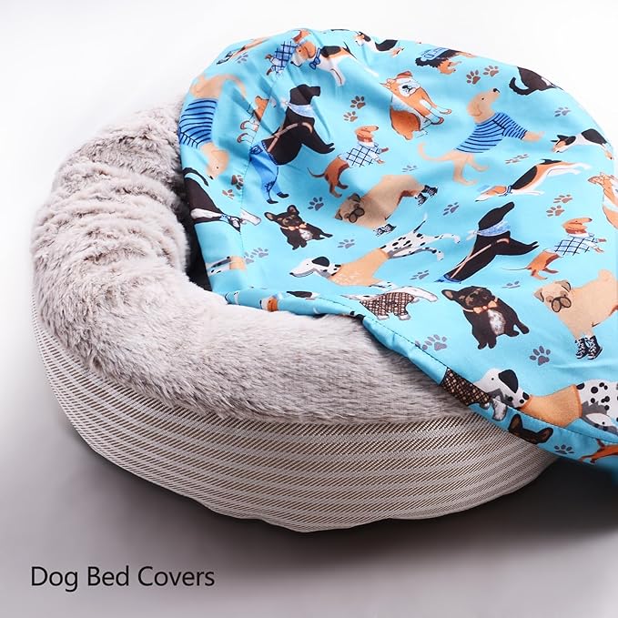 Round Replacement Dog Bed Covers Elastic Edged Washable Pet Bed Protector with Cute Dog Pattern Design for Small & Medium Pet Beds, Cover Only (Blue, 30×9.8 Inch)