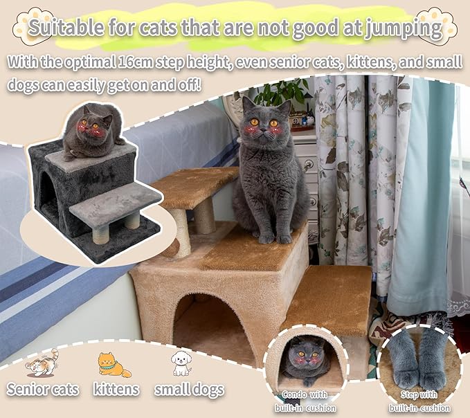 3-in-1 Pet Stairs for Cats for High Bed, Adjustable Dog Steps, Modular 3-Tier, Cushioned Steps & Big Cat Condo, Adjustable Entrance, Dangling Ball, for Kittens, Senior & Fat Cats (Beige, Large)