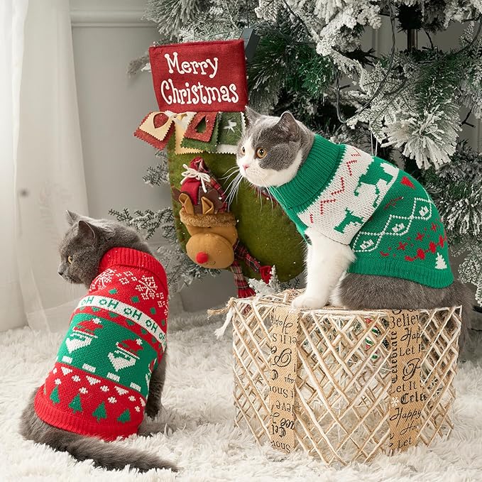 Stretchy Cat Christmas Sweater - 2 Packs Christmas Sweaters for Cats | Snug Winter-Ready Knit for Boy/Girl Cats & Kittens(Scarlet, Large)
