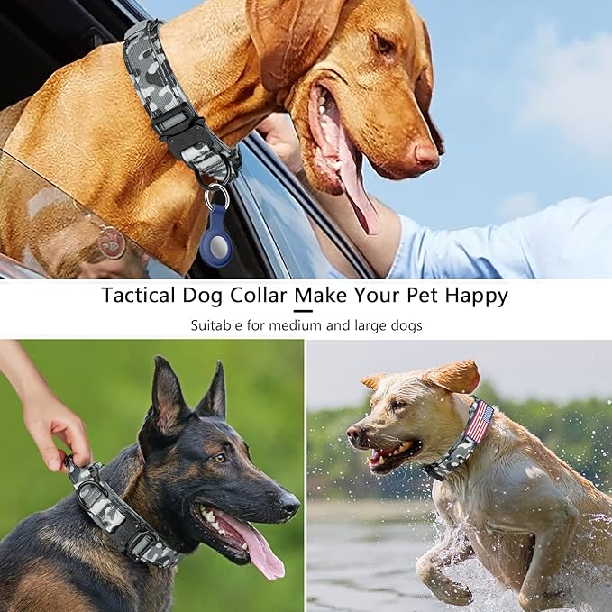 DAGANXI Tactical Dog Collar, Adjustable Military Training Nylon Dog Collar with Control Handle and Heavy Metal Buckle for Medium and Large Dogs, with Patches and Airtags Case (L, Camo)