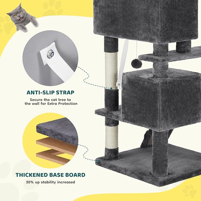 Cat Tree 54 Inch, Multi-Level Cat Tower with Condo, Perches, Sisal Scratching Posts and Climbing Ladder, Pet Play Toy Balls House for Indoor Cats, Dark Grey