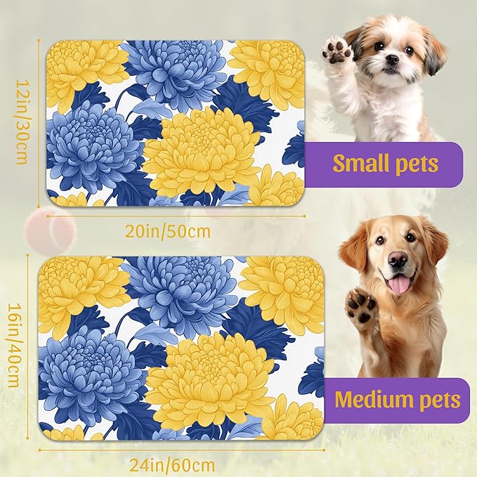 Blue Yellow Flowers Pet Feeding Mat, Quick Dry Absorbent Water Bowl Mat for Dogs and Cats, Anti-Slip Bottom, Indoor Use – 16x24 Inch