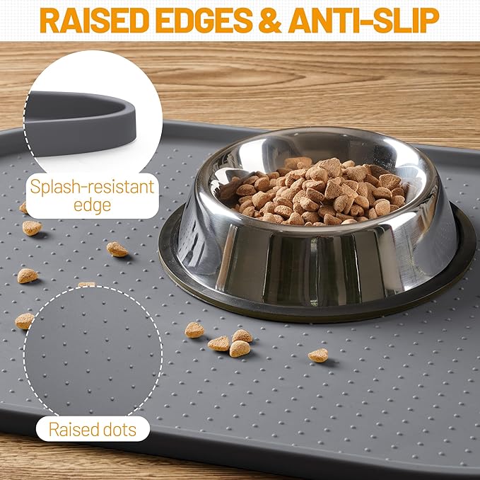 Hubulk 100% Waterproof Silicone Pet Feeding Mat with Raised Edge for Food and Water, Dog Bowl Mats, Cat Bowls Placemat with High Lip Protects Floor for Cats and Dogs (Gray, 32" L x 24" W)