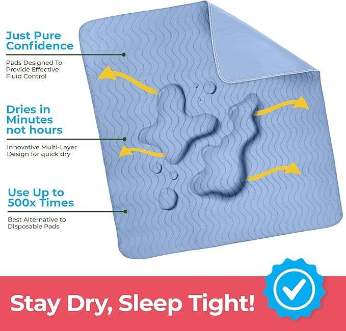 Utopia Bedding Washable Underpads 24" x 36" (Pack of 4), Waterproof Reusable Heavy Absorbency Incontinence Bed Pads for Adults, Kids, Elderly and Pets, Bedwetting Pads for Sofa and Couch (Blue)