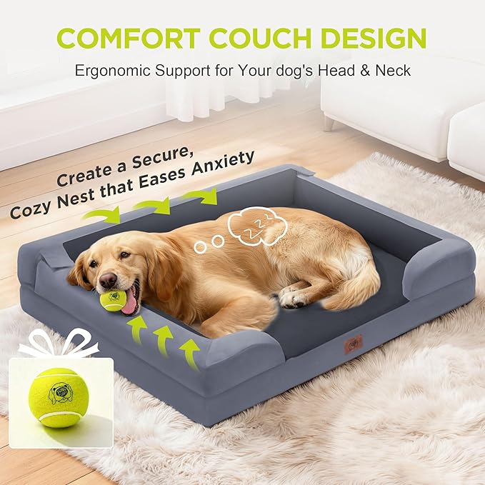 Extra Large Dog Bed, Orthopedic XL Washable Bed for Big Dog Waterproof Pet Couch Sofa Bolster with Removable Cover, Non-Slip Bottom, Tennis Ball Toy, 42x30
