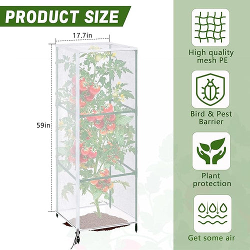 3 Pcs Garden Bird Netting Plant Cover for Square Tomato Cage, 59" x 17.7" Insect Bird Barrier Tomato Cage Net with Zipper & Drawstring, Tomato Trellis Netting Protection Cover for Protecting Plants