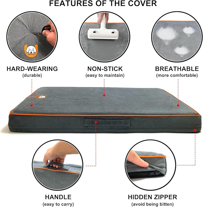 Hard-Wearing Orthopedic Dog Bed for Crate, 41x27 Inch, Made of Memory and HR Foam, Two-Sided Use, Providing Soft and Relatively Hard Support, with an Extra Inner Waterproof Protector (Gray)