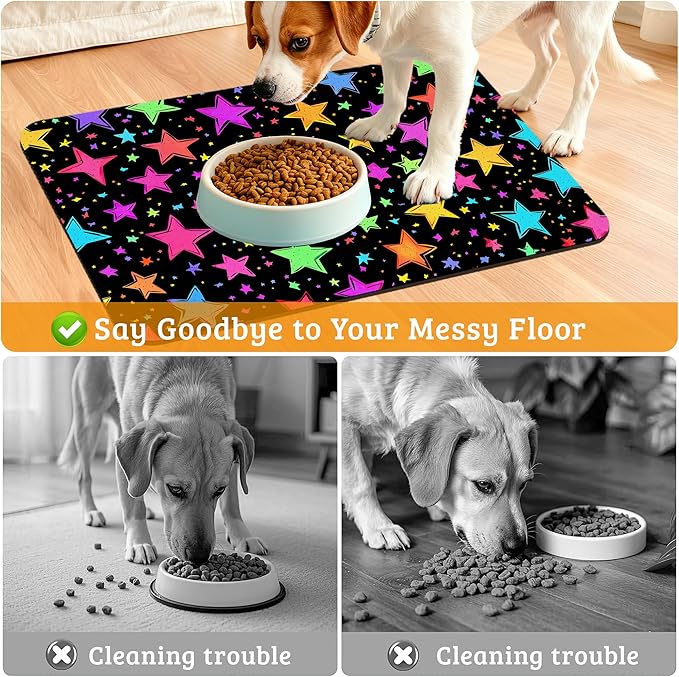 Neon Stars Dog Food Mat,Bright Colorful Absorbent Pet Feeding Mat for Food and Water Bowl,Quick Dry Dog Placemat Non Slip Rubber Backing Waterproof Pet Supplies 12" x 20"