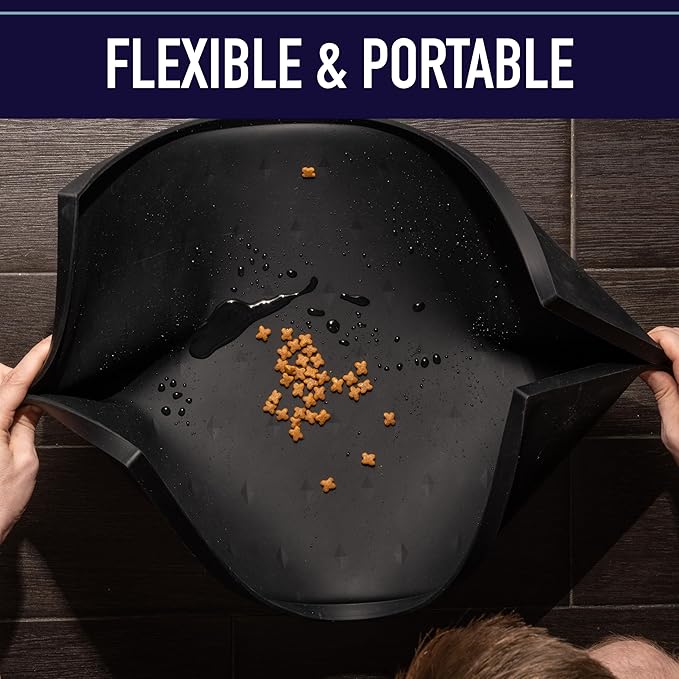 Leash Boss Silicone Pet Bowl Mat - Non-Slip Surface Secures Dog Food Tray - Raised Edge Spill Guard Cat Water Mat - Dishwasher-Safe Silicone Tray for Dog Food & Water - XL 25 x 17 in, Beige