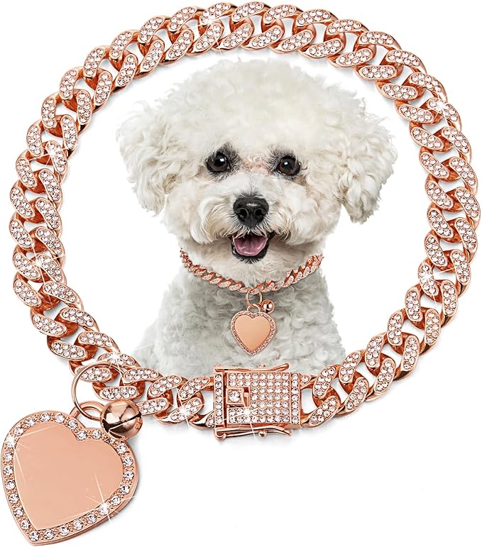 Hillban Dog Chain Gold-Plated Diamond Collar with Heart Rhinestones Jewelry Pet ID Tag Chain Bling Puppy Collar with Personalized Name Tag for Small Medium Large Dog Cat(Rose Gold,12 Inch)