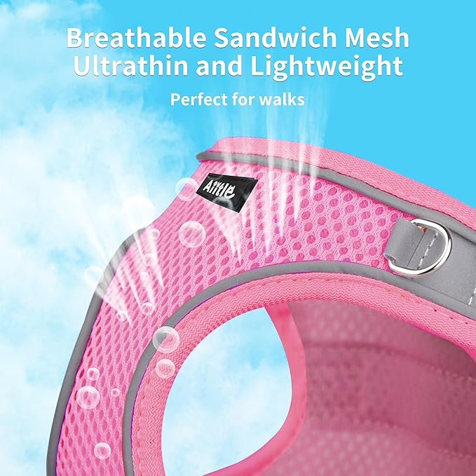 AIITLE Dog Harness, No-Pull Cat Harness with a Leash, Adjustable Reflective Dog Vest, Cat Harness Escape Proof, Outdoor Walking, Running,Training for Extra Small Dogs and House Cats Pure Pink XXXS