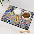 Moroccan Trellis Dog Food & Water Mat, Mexican Talavera Boho Colorful Pet Feeding Mat for Floor Non-Slip Waterproof, Super Absorbent Cat Bowl Mat, Easy to Clean Durable Pet Placemat,17" × 30"