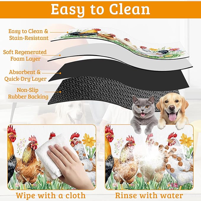 Chicken Rooster Dog Cat Food Mat,Green Grass Absorbent Waterproof Placemat for Food and Water Non Slip Rubber Backing Durable Feeding Pad for Clean Floors 12" x 20"