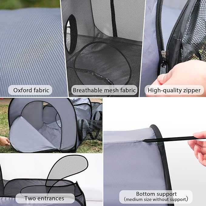Dog Playpen with Surround Tunnel, Outdoor/Indoor Cat Playpen with Breathable Soft Sides，Tailtastic Cat Enclosure Tent for Small Animals, Portable Cat Tent with Carry Bag (Large)