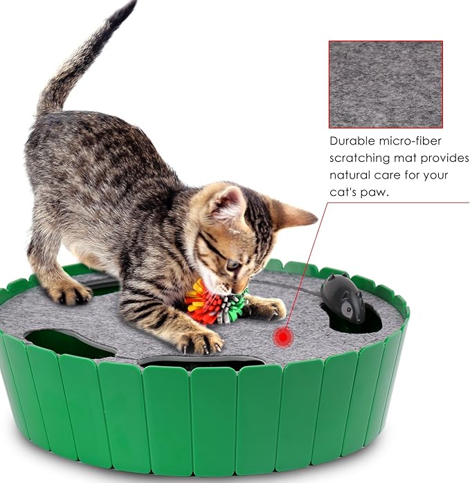 Pawaboo Interactive Cat Toy with Running Mouse, Electronic Motion Cat Toy Automatic Teaser for Indoor Cats, Pop and Play Hide Seek Cat Toys Hunting Mouse for Pet Cat Kitten Play Fun Exercise, Green