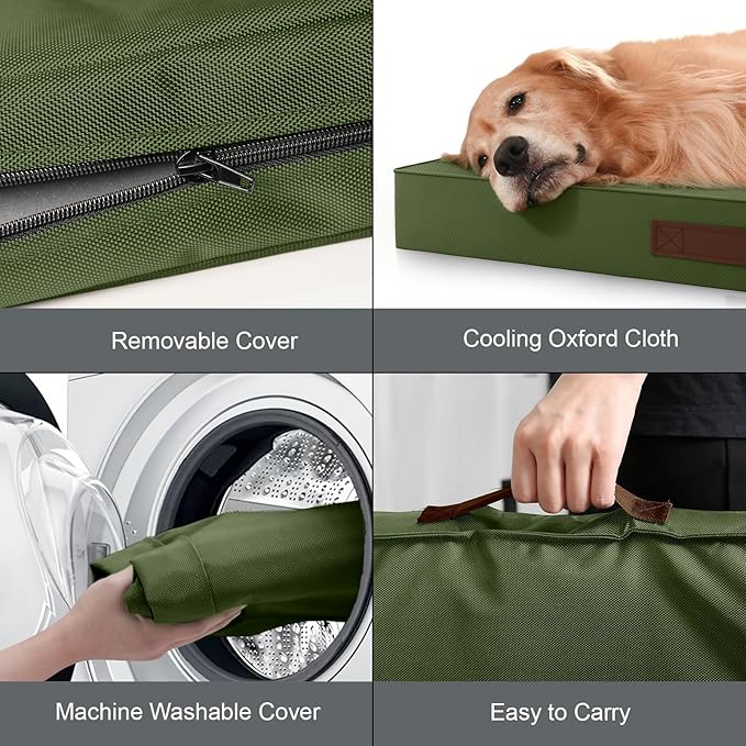 Outdoor Extra Large Dog Crate Bed, XXL Waterproof Dog Bed for Giant Breeds Dogs, 47x29 Inch Orthopedic Egg Crate Foam Pet Mat with Removable Cooling Cover, Amy Green