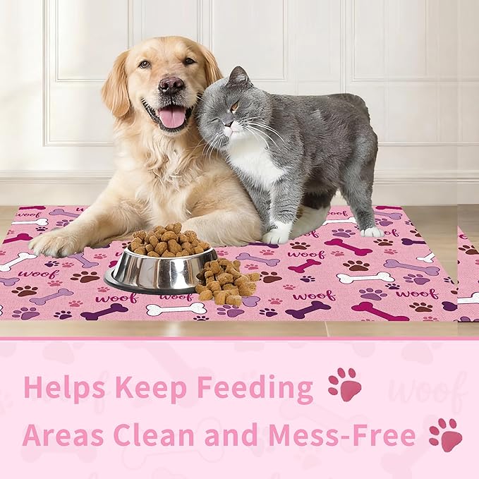 Dog Feeding Mat 20 x 12 Inch, Pink Paw Bone Woof Dog Placemat Absorbent Quick-Dry for Food and Water, Waterproof Non Slip Rubber Pet Bowl Pad Mat for Floors
