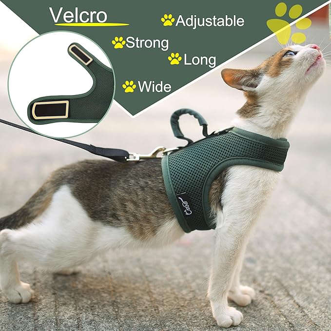 Cat Harness and Leash for Walking Escape Proof Breathable Mesh Fabric, Solid Green, Extra Large, Adjustable Cat Walking Jackets with Handle, Padded Stylish Cat Vest