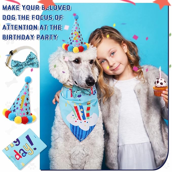 Weewooday Dog Birthday Party Supplies Birthday Boy Girl Cake Bandana Triangle Scarf Party Hat Dog Bow Tie Collar with Numbers for Large Medium Small Dog Puppy 1st Birthday(Cute Style,Medium)