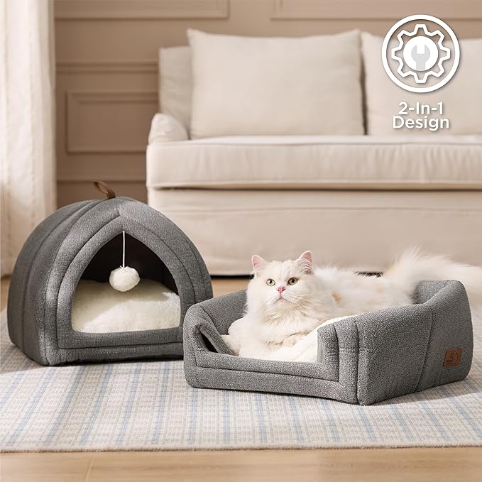 Bedsure Cat Beds for Indoor Cats - 2 in 1 Cat Cave House Tent for Kittens and Small Pets with Removable Washable Cushioned Pillow, Foldable Kitten Hideaway with Non-Slip Bottom, Navy, 16 inches