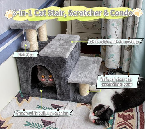 3-in-1 Pet Stairs for Cats for High Bed, Adjustable Dog Steps, Modular 3-Tier, Cushioned Steps & Cat Condo, Adjustable Entrance, Dangling Ball, for Kittens, Senior & Cats (Grey, Medium)