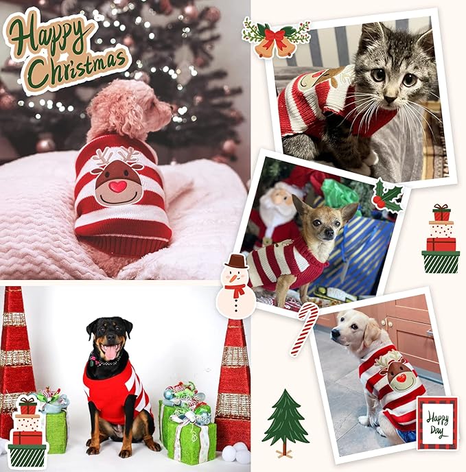 Dog Christmas Sweater Cute Striped Reindeer Xmas Pet Clothes Holiday Puppy Cat Costume New Year Gifts for Small Medium Large Dogs Jumpers (XXL, Red White Stripe Reindeer)