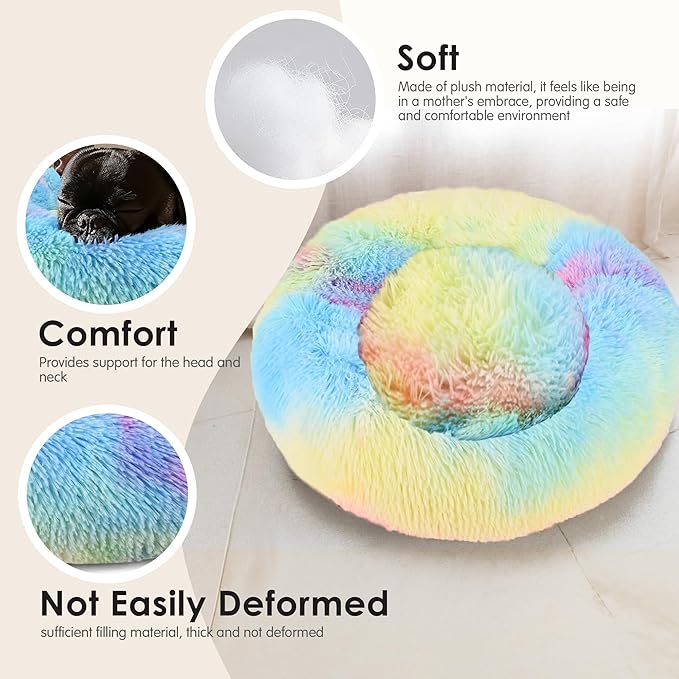 28in Large Dog Bed, Medium Size Dog and Cats, Calming Donut Bed for Puppy and Kitten, Washable Round Fluffy Pet Bed (Rainbow)