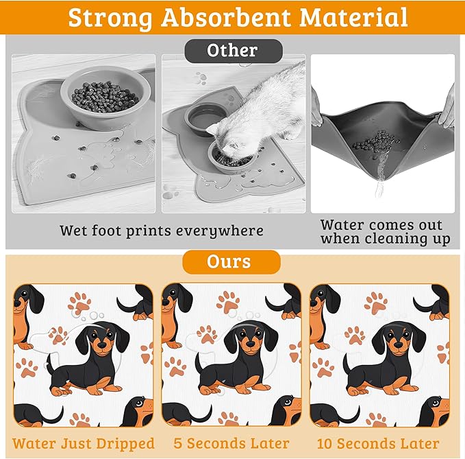 Dog Bowl Mat,Dog Dachshund Pet Feeding Mat for Floors Waterproof, Grey Paws Absorbent Dogs Placemat for Food and Water Quick Dry Pet Cat Feeding Mats with Non Slip Bottom 12" x 20"