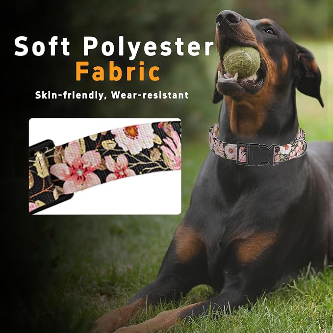 Dog Collar for Boys Girls, Floral Puppy Collar for Small Medium Large Dogs, Adjustable Floral Pattern Soft Pet Collar with Safety Buckle for Male Females(Light Pink,L)