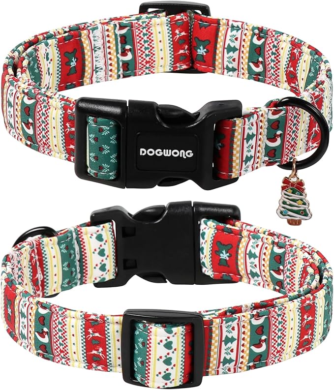 DOGWONG Christma Dog Collar, Classic Cute Red Green Christmas Tree Dog Collar for Boy and Girl Dogs, Strong Plastic Buckle Dog Collars for Large Dogs,L