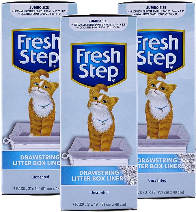 Fresh Step Jumbo Drawstring Cat Litter Box Liners, Unscented Heavy Duty Kitty Litter Bags for X-Large Oval or Rectangle Pans, Helps Contain Mess, Easy Lift Out Cleanup, 36 x 19 in, 7 Count - 3 Pack