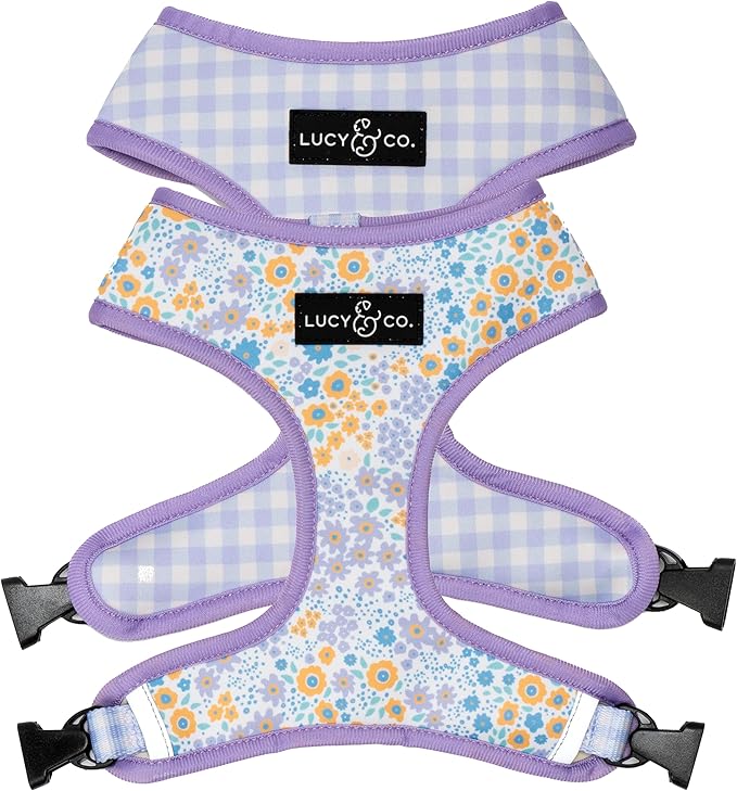 Lucy & Co. Cute Reversible Dog Harness Walking Halter - Best Designer Pet Harnesses for XS - XL Dogs - Padded Adjustable Vest for Easy Walking (X-Large, Among The Wildflowers - Purple Floral)