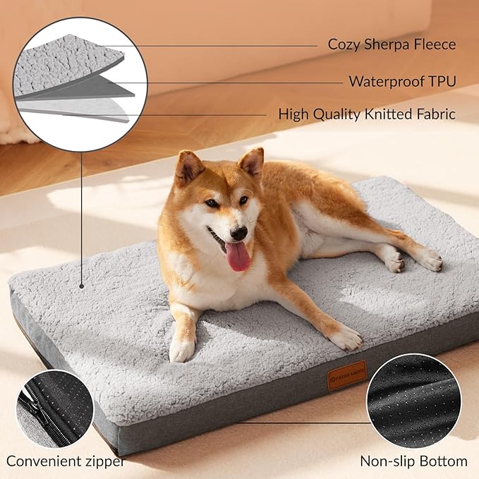 Patas Lague Orthopedic XL Dog Bed Large Sized Dog 48''X30'', Soft Waterproof Egg Crate Foam Large Pet Crate Beds Mat with Removable Washable Cover and Non-Slip Bottom, Light Grey