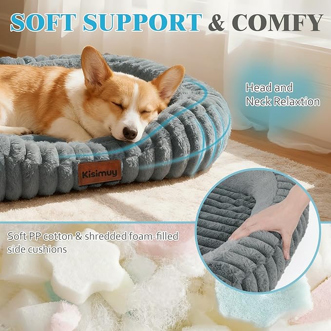 Dog Bed Large Size Dogs Washable Soft Furry Pet Bed, Calming Rectangle Large Dog Bed with Removable Cover & Anti-Slip Bottom, Orthopedic Anti-Anxiety Pet Bed with Handle, 35x27x5 Inches, Grey