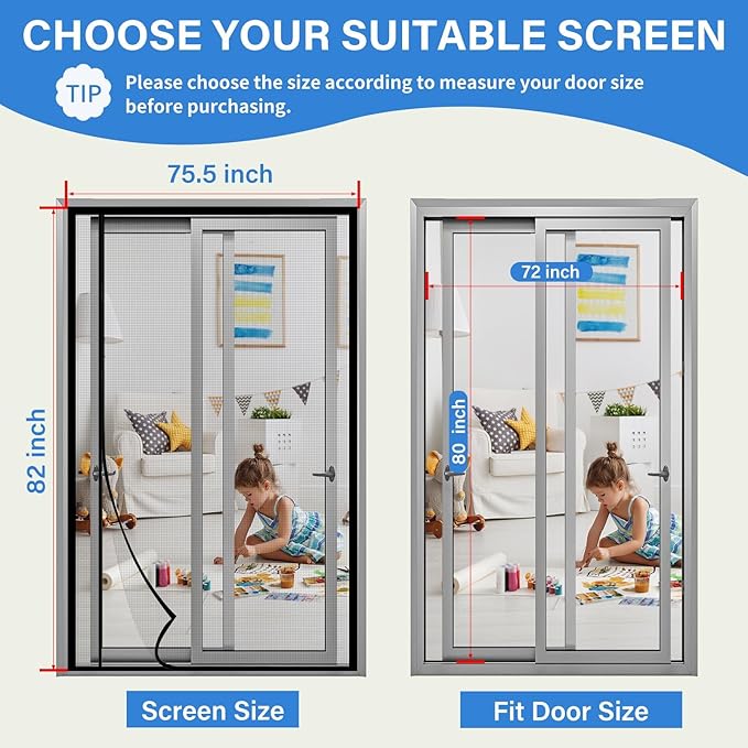 Magnetic Screen Door Left Right Side Opening Upgraded PET Mesh Greater Than Fiberglass and Polyester,Keep Bugs Out,Pet & Kid Friendly,Suitable for Sliding Doors,Patio French Doors-72" X 80"