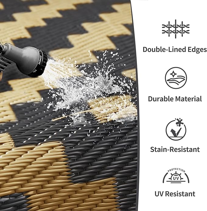 GENIMO Outdoor Rug for Patio Clearance,6'x9' Waterproof Mat,Reversible Plastic Camping Rugs,Rv,Deck,Porch,Camper,Balcony,Backyard (Black & Brown)