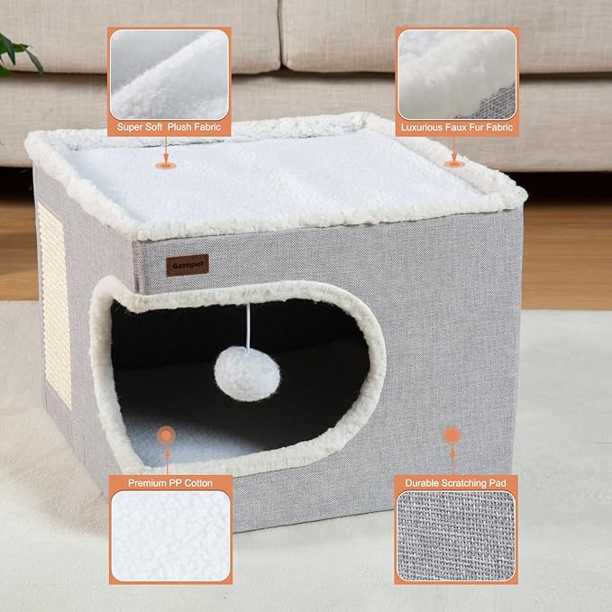 Cat Bed for Indoor Cats Cube House, Covered Cat Cave Beds & Furniture with Scratch Pad and Hideaway Tent, Cute Modern Cat Condo for Multi Small Pet Large Kitten Kitty, Grey