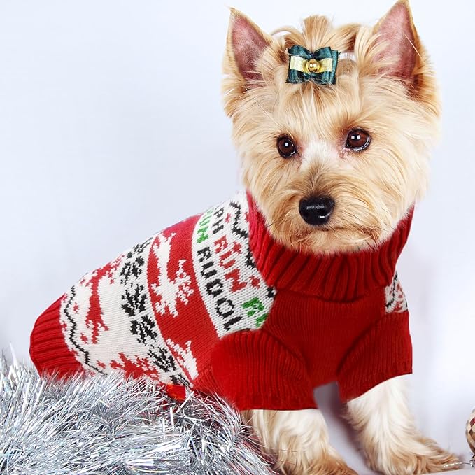 Dog Christmas Sweater Xmas Pet Clothes Cute Reindeer Christmas Dog Costume Outfits Holiday Knitwear Puppy Cat Jumpers New Year Gifts for Small Medium Large Dogs(Red Runing Deer,XS)