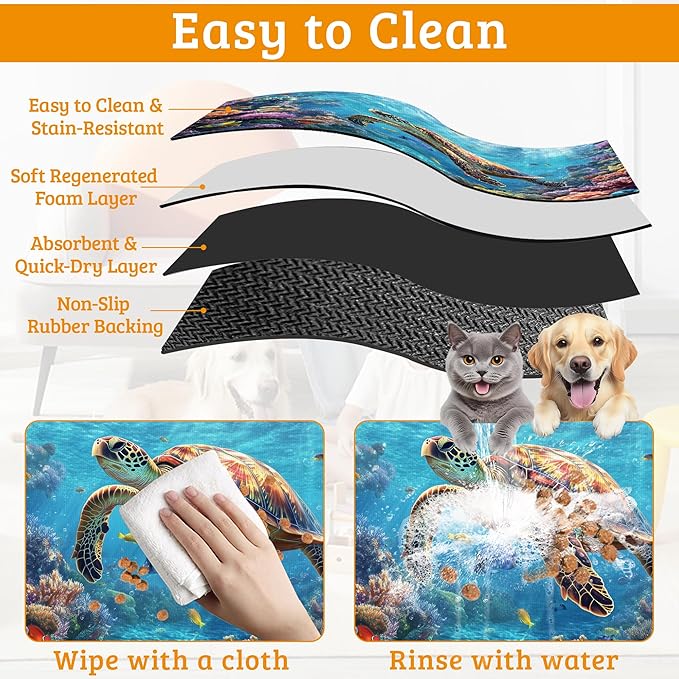 Sea Turtle Dog Cat Food Mat,Colorful Coral Absorbent Waterproof Placemat for Food and Water Non Slip Rubber Backing Durable Feeding Pad for Clean Floors 12" x 20"