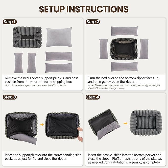Washable Dog Bed for Small Medium Dogs - Rectangle Orthopedic Corduroy Fleece Pet Bed with Removable Cover and Nonskid Bottom, Calming Puppy Bed Soft Pet Sofa, Grey(25x21x7inchs)