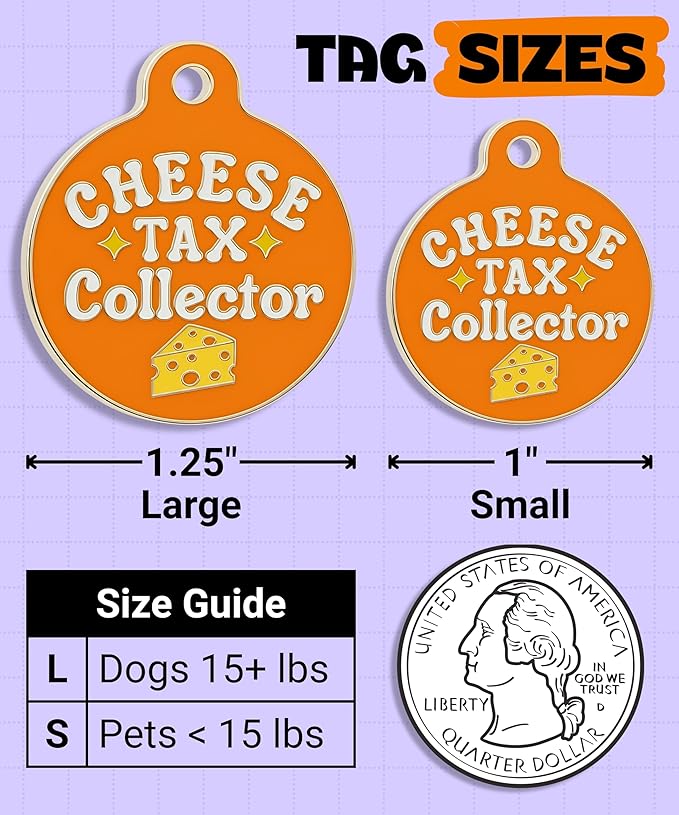 Bad Tags Personalized Dog and Cat ID Tags in 25+ Designs and 2 Sizes - 5 Lines of Custom Engraved Text - Funny Cute Personalized Pet Tags (Cheese Tax Collector, Small (1 inch))