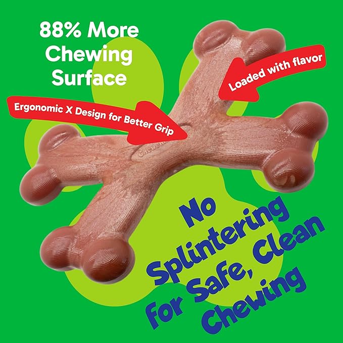 Chew’EMS X Bone Dog Chew Toy for Aggressive Chewers – Long-Lasting Bacon Flavor Nylon Bone – Durable, Rawhide-Free Dental Chew for Large Dogs – Made in USA