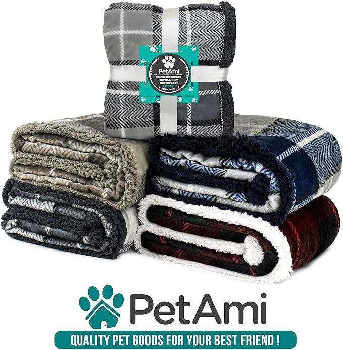 PetAmi Waterproof Dog Blanket for Medium Large XL Dog Puppy Cat Throw for Couch Cover Leakproof Protection, Sherpa Fleece, Reversible Soft Washable 80x60 Plaid Navy Blue