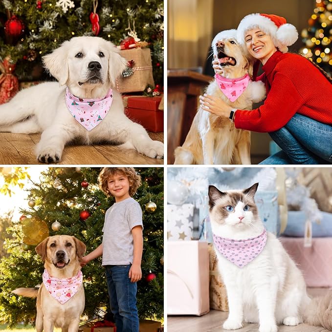 PAWCHIE Christmas Dog Bandanas 4 Pack,Reversible Dog Party Triangle Scarf Bibs, Pet Holiday Costume with Adjustable Snaps,Multiple Christmas-Themed Patterns for Small Dogs Puppy,Cats Pets,Pink S